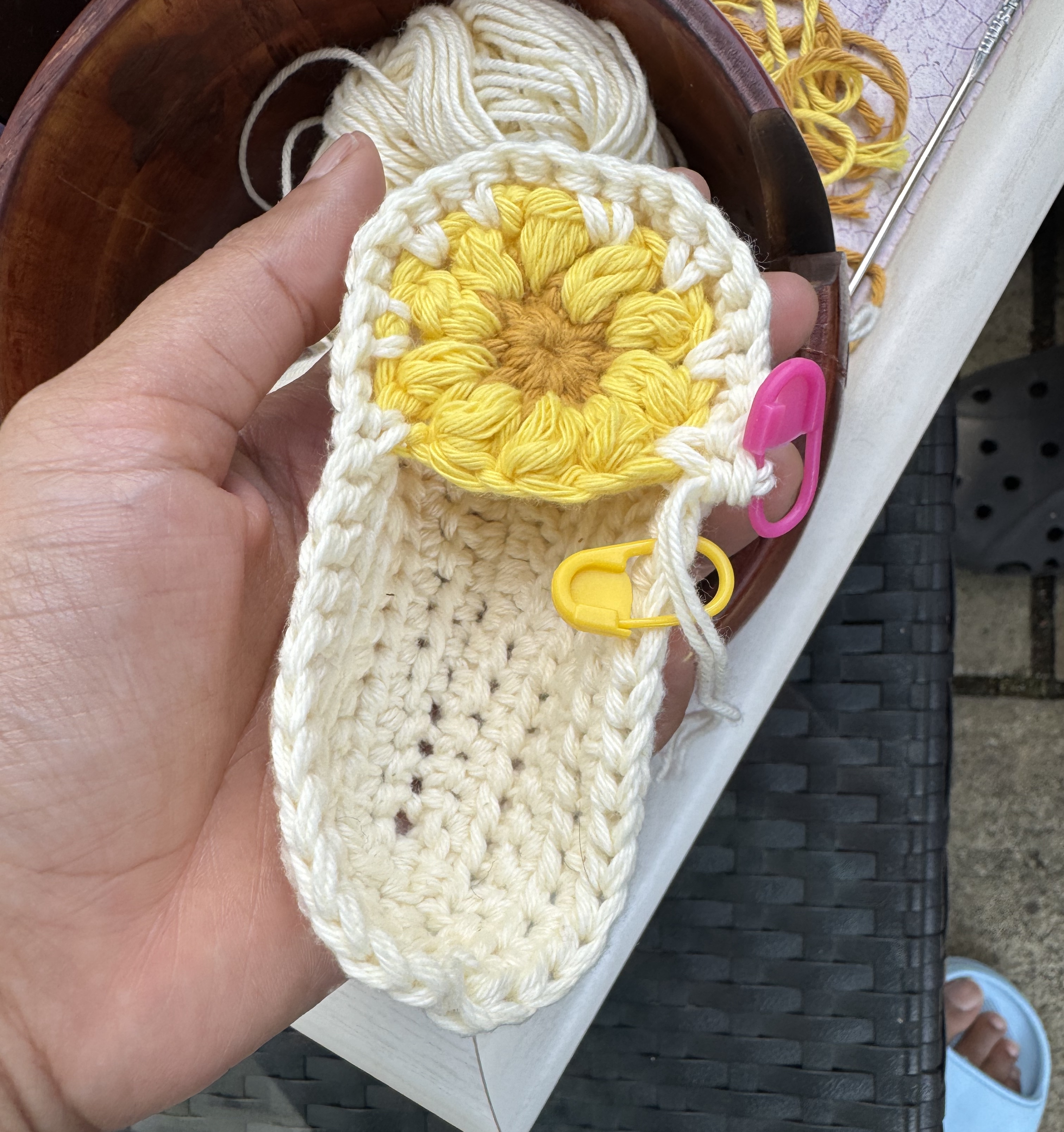 Work-in-progress sunflower baby shoe