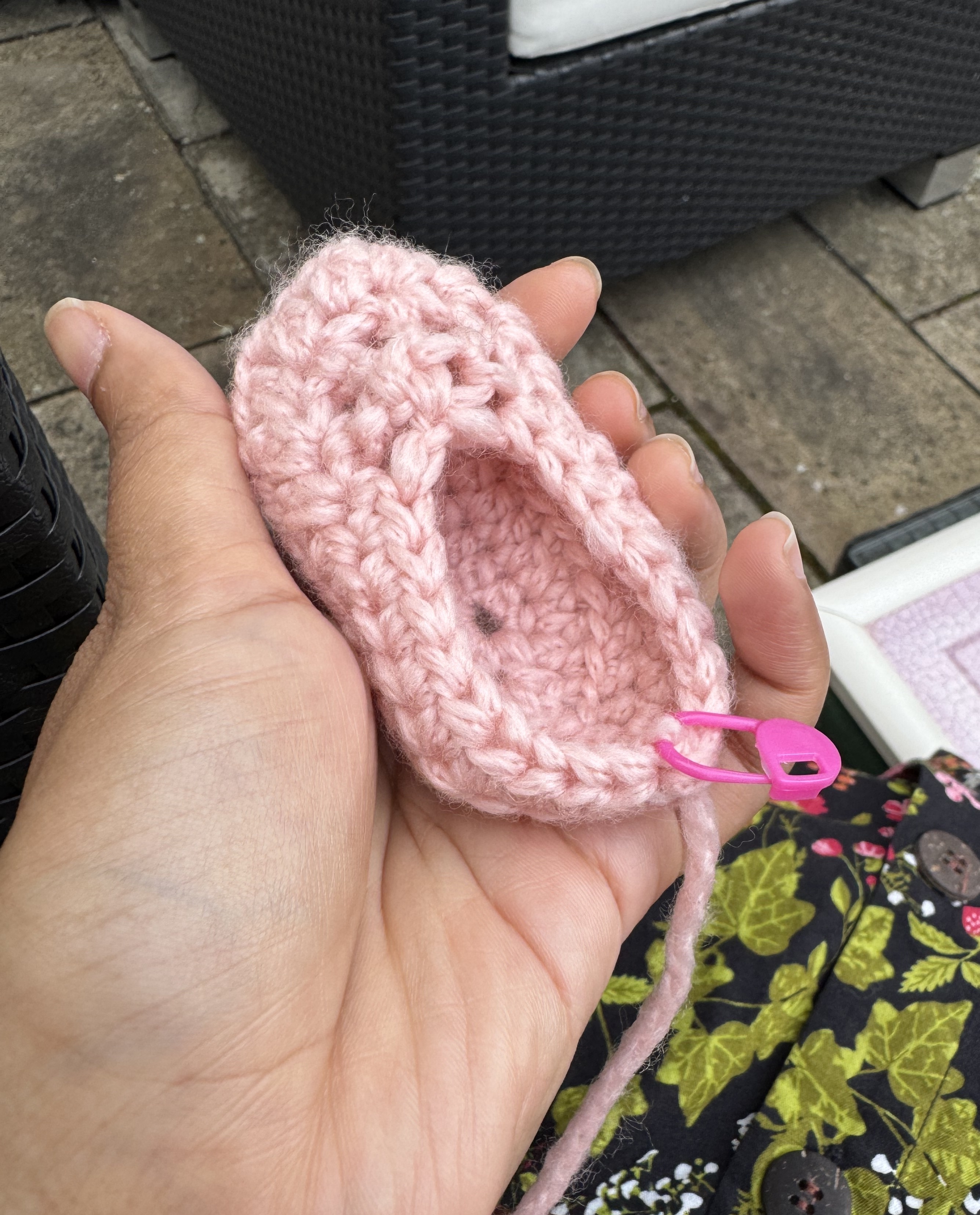 Work-in-progress pink baby shoe